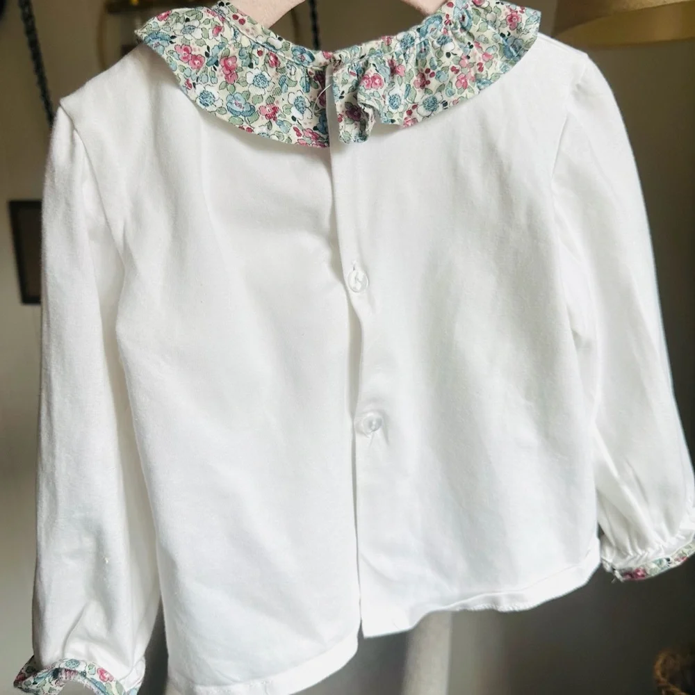 Set with White Long-Sleeve Baby Top with Floral Collar and Trim and short - Picture 3 of 5